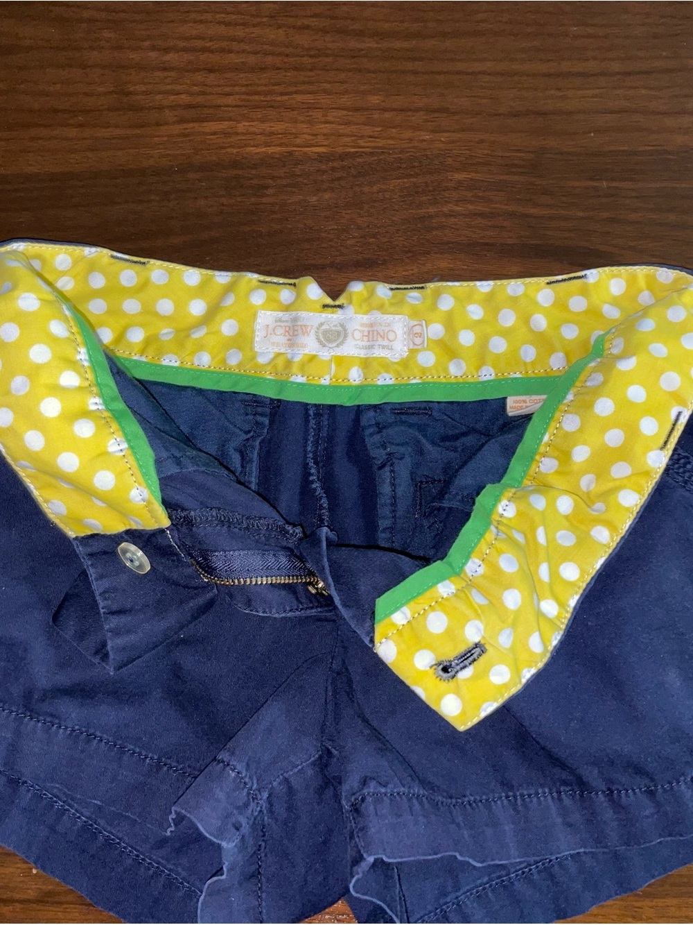 J. Crew Navy Women's Bike Shorts with Yellow Polka Dot Lining - Picture 5 of 6
